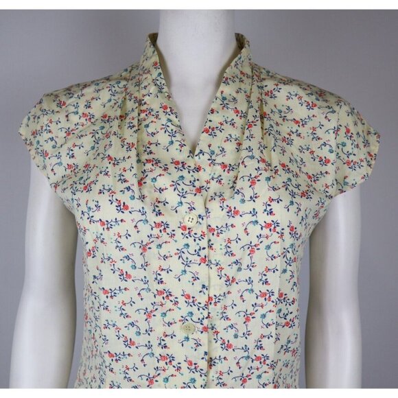VINTAGE HANDMADE WOMEN'S IVORY FLORAL V-NECK BUTTON UP TOP - SIZE S - WELL WORN - Picture 3 of 10